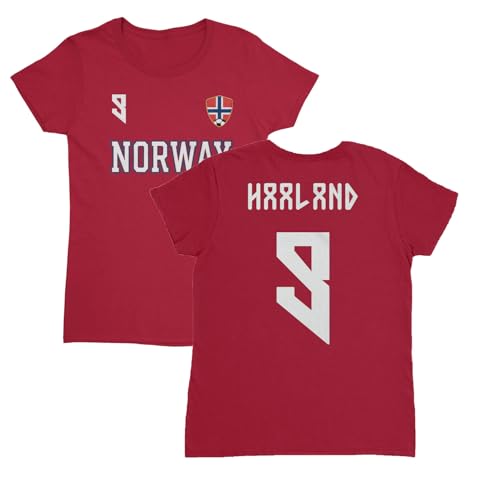 Norway Haaland 9 Inspired Soccer Jersey Style Ladies Crewneck T-Shirt (Red Medium)