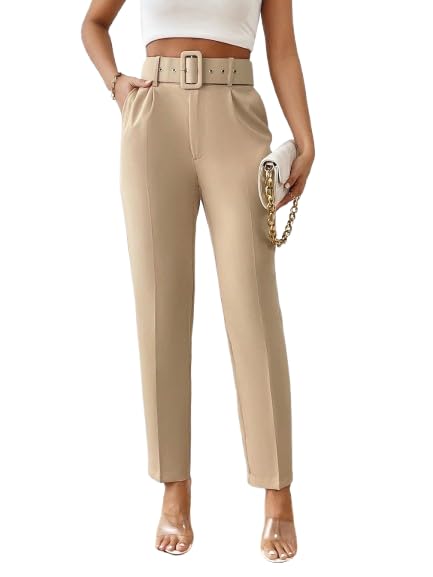 High-Waisted Belted Trousers, Beige, Straight Leg with Front Pleats-picture-26