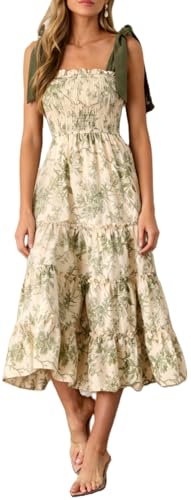 Image of Women Y2k Floral Smocked Maxi Dress Bow Tie Shoulder Tiered Ruffle Midi Sun Dress Boho Casual Beach Long Dresses