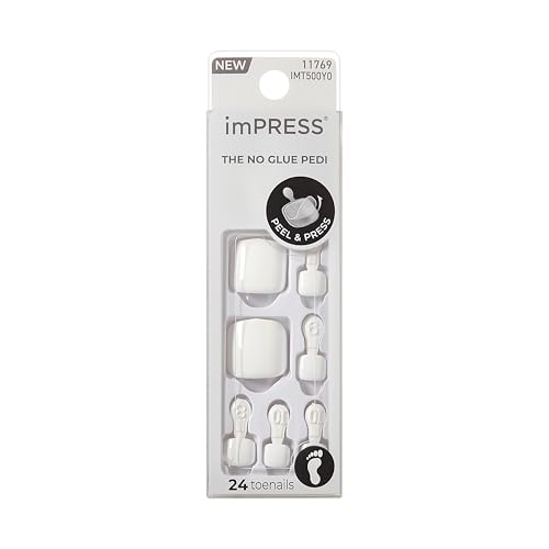 KISS Impress No Glue Mani 30 Pcs Press on Toenails Solid Pure White Stick on Extension False Nails for Toes Peel & Press Easy Apply Hassle-Free Removal Includes Manicure Stick Prep Pad & File
