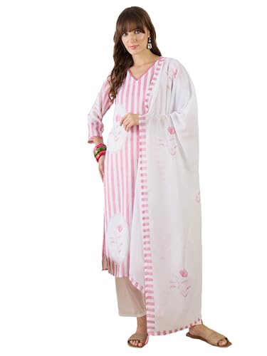 Image of INDO ERA Women's Straight Linen Floral Print with Beads Work Kurta Pant with Dupatta Set (IEOUT9824)