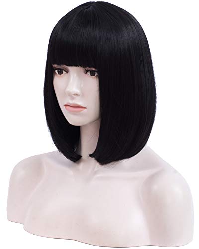 Netgo Short Bob Wigs for Women, Natural Looking Heat Resistant Straight Wigs with Bangs for Girls Ladies Cosplay Party Daily Wear Premium Durable (12 inch, Black)
