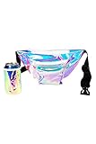 Tipsy Elves Iridescent Icon Fanny Pack w/Drink Holder - Holographic Clear Belt Bag - Small Adjustable Strap Waist Pouch for Secure Storage