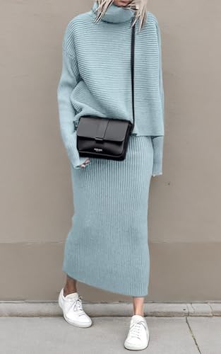 Image of ebossy Womens Ribbed Knit Sweater Outfits Casual Loose 2 Piece Turtleneck Pullovers Elastic Waist Maxi Skirt Sets