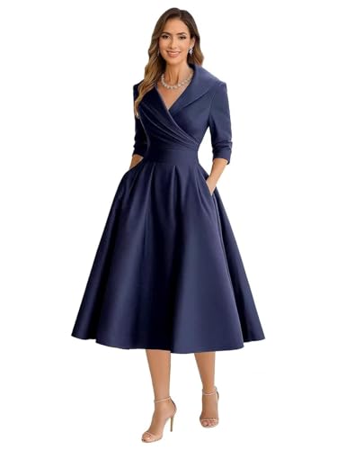 A Line Tea Length Mother of The Bride Dresses for Women Navy Blue Pleated Satin Elegant Flowy Puffy Wedding Guest Dress with Sleeves Casual Midi Formal Evening Ball Gown with Pockets US14