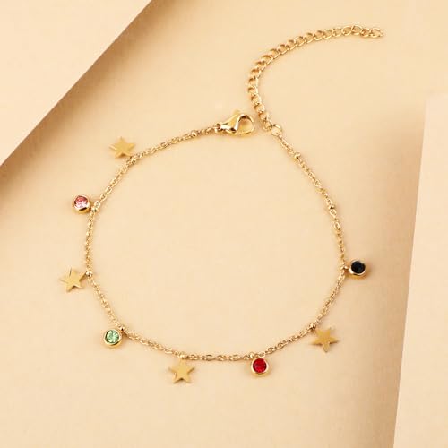 Image of 18K Gold Plated Stainless Steel Dainty Charms Colorful Crystal Birthstone Bracelet Minimalist Cute Jewelry for Women