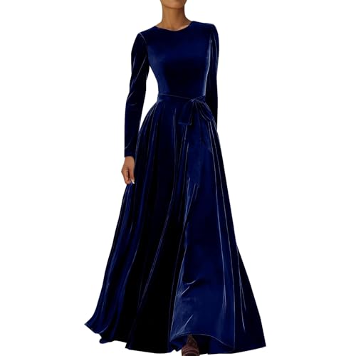 Damen Samt-Maxikleid mit Langen Ärmeln - Elegantes, Bodenlanges Kleid im Vintage-Stil | A-Linien Abendkleid für Festliche Anlässe