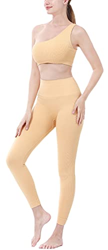 Workout Sets for Women 2 Piece, Sportneer Ribbed Seamless High Waisted Leggings and Cute Sports Bra Matching Gym Yoga Set Active Workout Set One Shoulder