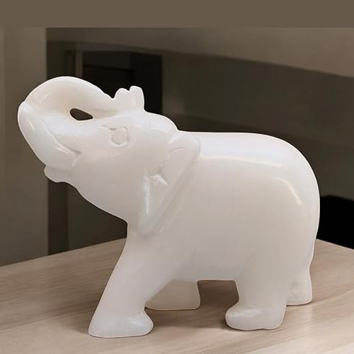 Elephant Statue Idol Murti White Onyx Marble Home Decor | Hand Carved Trunk Up Elephant Figurine for Living Room Office Table Item Gift for Wedding Birthday & Anniversary Collectible (3.25'inch)