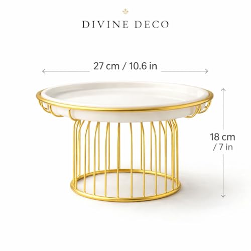 Image of Premium Metal Cake Stand with White Tray & Gold Finish Base | Elegant Dessert Stand for Cakes, Cupcakes, Pastries & Fruits | Decorative Serving Platter for Home, Parties & Gifting