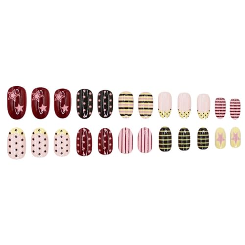 Image of Chocolate Stripe Press on NailsPolka Dot Nail Press ons Medium Oval Fake Nails with Retro Design Reusable Glossy Full Cover Stick on Nail for Women Manicure 24Pcs
