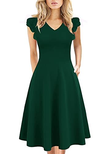 HELYO Casual Dresses for Woman Ruffle Sleeves Summer Work Business Professional Wedding Guest Fit and Flare Dresses with Pocket 992 (Green, M)