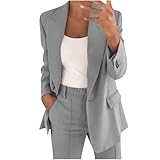 Generisch Hosenanzüge Für Damen Elegant Blazer Anzug Set Einfarbig Streetwear Zweiteilig Hosenanzug Business Modern Anzughose Revers Slim Fit Sportlich Büro Outfit (grau, M)