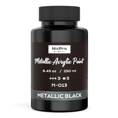 Image of Nicpro Metallic Black Acrylic Paint, 8.45oz /250ml Large Black Craft Paint | Pearlescent Non Toxic, Non Fading Paints for Metal, Wood, Clay, Fabric, Canvas, Ceramic, Furniture, Handcrafts Art Supplies