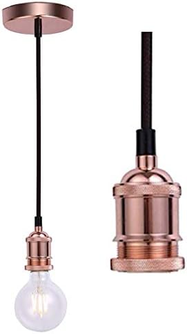 JING Vintage Pendant Light Fitting,Industrial Rose Copper Ceiling Rose,Braided Flex E27 Lamp Holder,Suspended Ceiling Pendant Light Fitting-Rose Copper