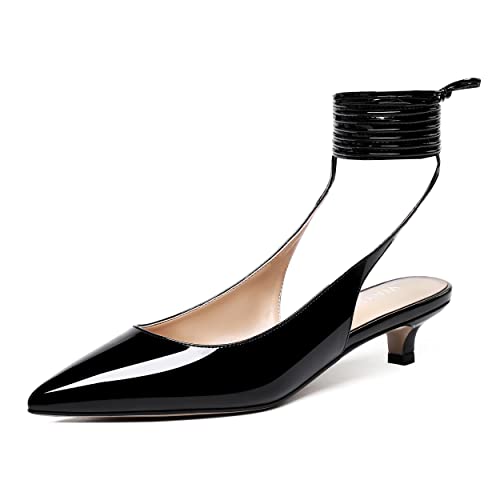 WAYDERNS Women's Slender Wrap-Around Ankle Straps Slingback Patent Pointed Toe Solid Kitten Low Heel Pumps Shoes 1.5 Inch