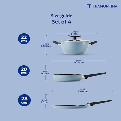 Image of Tramontina Chroma Cookware Set of 4 - Kadhai 22 cm with Lid, Fry Pan 20 cm, Dosa Tawa 28 cm | Ceramic Reinforced Cookware | Cold Forged Aluminium | Bakelite Handle | All Cooktop Compatible Blue