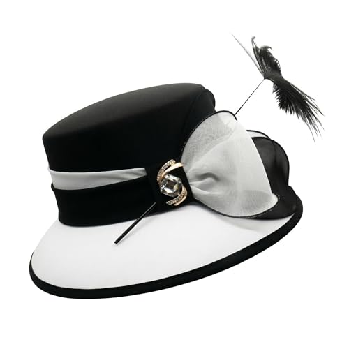 JUNE'S YOUNG Women Church Hats Formal Dress Derby Hats Elegant Bucket Hats (Black/white) Vintage 1920s Sunday Best Dress Hat with Feather & Floral Chiffon - Formal Wedding, Adjustable Fit