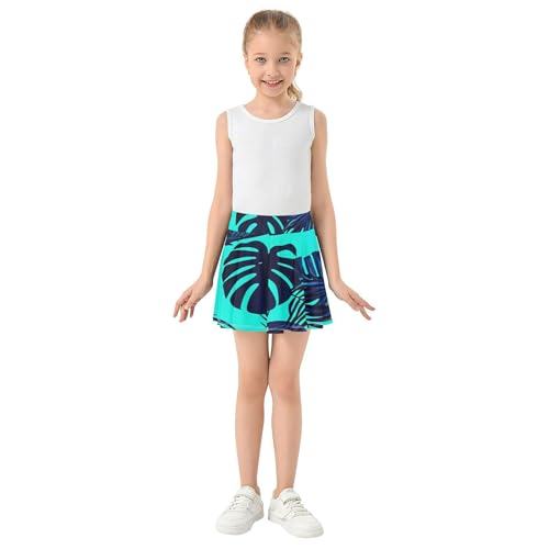 Joisal Dark Blue Monstera Palm Leaves Kids Tennis Skirts Preppy Athletic Shorts Girls Skorts Flowy Skort 4t3