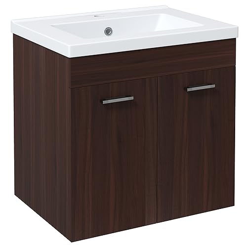 kleankin Mueble de Baño con Lavabo Cerámico Armario Bajo de Lavabo de Pared con 2 Puertas y Estante Ajustable Acabado Melamina 60x45,5x60 cm Marrón