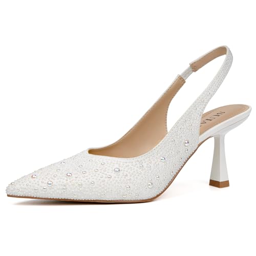 SUIARA White Pearl Kitten Heels Wedding Shoes for Women Bride Slingback Closed Pointed Toe Bridal Dressy Pumps