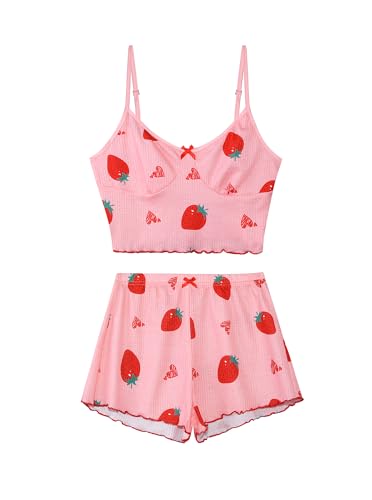 Image of Hilinker Womens Graphic Print Ribbed PJ Set Crop Cami Tops and Shorts Cute Pajamas Set