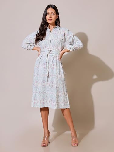 Image of SAAKI by Samantha Ruth Prabhu Ikat Printed Oversized Tie Up Dress |100% Cotton Light Blue Dress for Women, (Light Blue, Pack of 1)