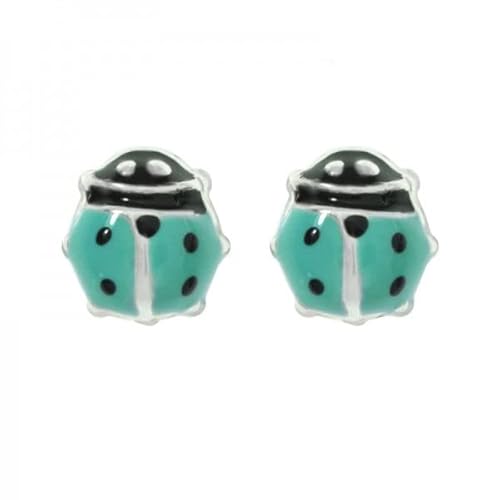 Pendientes mariquita bebé con tuerca de seguridad Plata de Ley 6 color turquesa - Pendientes mariquita roscados para bebé o niña Plata 925