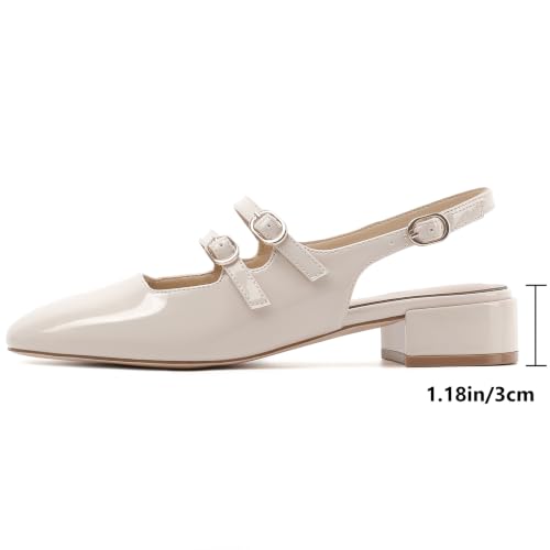 Image of Mostrin Mary Jane Shoes Women Slingback Chunky Low Heels for Women Closed Rounded Toe Ankle Strap Pumps Daily Wedding Party Dress Shoes