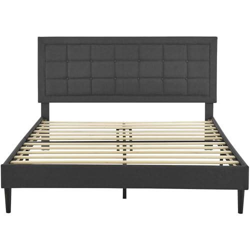 Image of Decoro Mornington Upholstered 2.0 Platform Bed, Button-Tufted Fabric Headboard and Metal Frame with Wood Slat Support, Dark Grey, Full