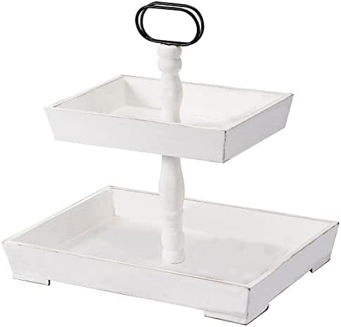 2 Tiered Tray, 2 Tier Wood Tiered Tray, 2 Tiered Tray Farmhouse,White Tiered Tray for Rustic Home Sweet Home Kitchen Decor for Valentine's Day Halloween Christmas Easter