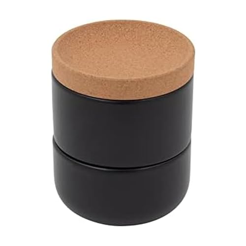 Image of Ceramic and Cork 3 Piece Stackable Salt and Pepper Cellar For Countertop Space Saving, Easy Lift Lid to Retain Freshness, Natural Cork and Black Ceramic