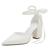 Closed Toe Ivory Pearl Heels Satin Wedding Shoes for Bride High Heels with Bow Chunky Block Heels...