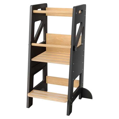YARDIN Torre de aprendizaje a partir de 1 año, ayuda de pie para niños, altura regulable en 3 posiciones, de madera, utensilios de cocina con superficie antideslizante y pies antivuelcos, color negro