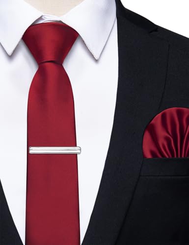 Image of YourTies Skinny Ties for Men Satin 2.4 inch Slim Necktie with Pocket Square Tie Clip Set Solid Color Wedding Party Business