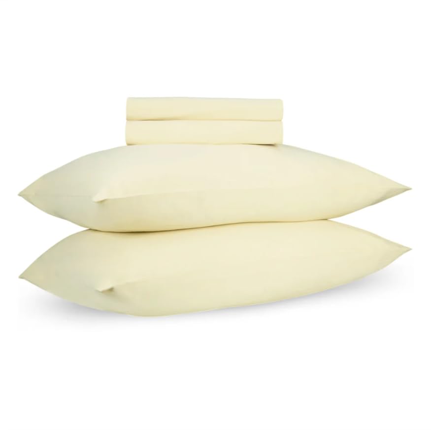 Image of Loom Butter Yellow Fitted Percale Temperature Regulating Bedsheet Set - 100% Cotton, Soft Bedsheet 106x106 in + Pillow Covers 18x27 in, Lightweight Bed Linen for All Seasons
