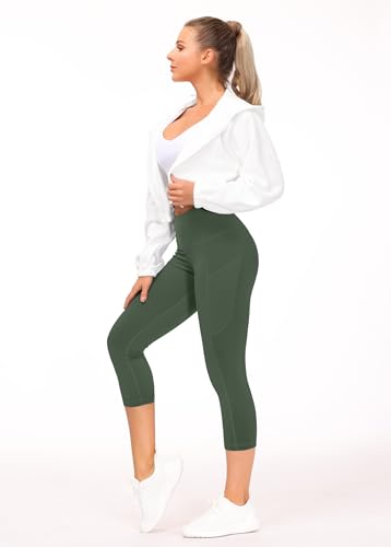 Image of THE GYM PEOPLE Thick High Waist Capris Yoga Pants with Pockets, Tummy Control Workout Running Yoga Leggings for Women