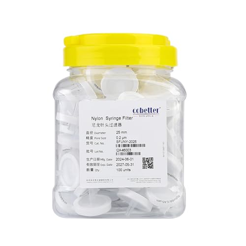 Image of Pack of 100 Nylon Syringe Filter 1.0μm Pore Size 25mm Diameter Hydrophilic Lab Filters Non-sterile, (Nylon, 1.0um 25mm, White)