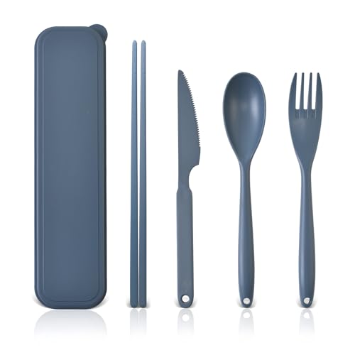 Juego de cubiertos grande, 1 persona, cubiertos de camping con maleta, cubiertos de viaje de plástico, cuchara, tenedor, palillos, estuche, utensilios oscuros portátiles para adultos (azul oscuro)