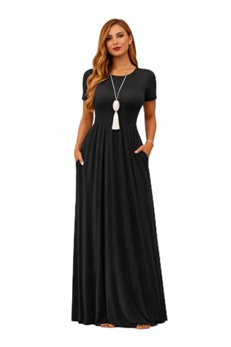 AUOMITH Black Maxi Dress for Women Short Sleeve Long Black Dress with Pockets Empire Waist Casual Flowy Dress(Black,XXL)