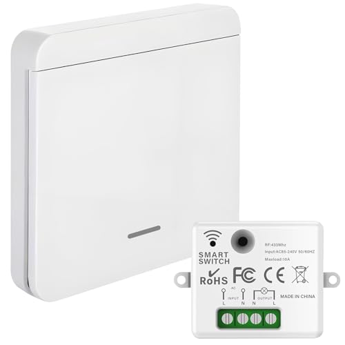 Interruptor inalámbrico con receptor de 10 A, 240 V, interruptor de iluminación, control remoto, alcance 50 m, radio 433 MHz, instalación fácil para lámpara hasta 1500 W (1 receptor, 1 interruptor)