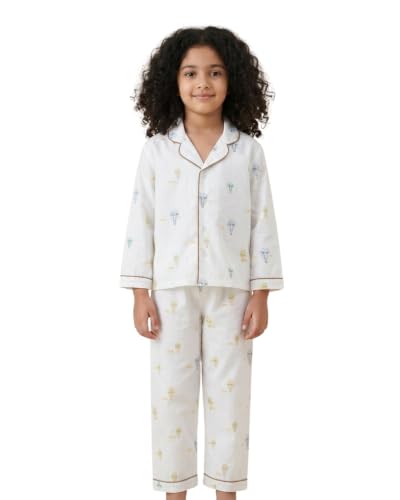 Image of Girls Premium Cotton Full Sleeves Printed Nightsuit Set | Collar Style Night Dress for Girls | Soft & Breathable Pajama Set | Trendy Kids Sleepwear & Nightwear