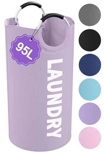 Image of IHOMAGIC 95L Folding Laundry Basket, Large Laundry Hamper with Handles, Portable Dirty Clothes Hamper, Independent Storgae Basket for Bathroom, Living Room, Dorm, Purple