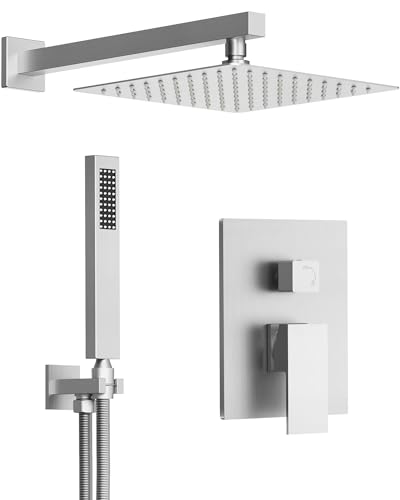 GRANDJOY 10 Inch Shower Faucet Set, High Pressure Rainfall Shower Head and Handheld Sprayer Combo, Brushed Nickel