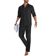 COOFANDY Men's 2 Piece Linen Sets Casual Long Sleeve Button Down Cuban Shirt and Loose Pants Set ...