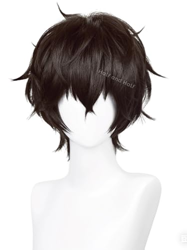 Image of Half and Half Short Brown Black Anime Game Cosplay Wig for Men Brown Spiky Layered Male Costume Wigs for Women Unisex Halloween Party Daily