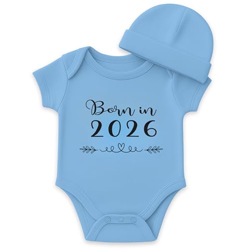 Miss Chapas | Conjunto bebé Born in 2026' body gorro – presente original de nascimento, Baby Shower, Natal | recém-nascido | Apresentado em caixa Kraft pronta para oferecer, azul, 6 meses