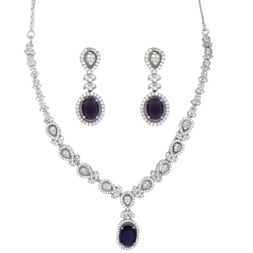 Image of American Diamond Necklace Set | CZ Stones, Rhodium-Plated Finish | Bridal Jewelry with Earrings for Weddings, Parties & Festivals