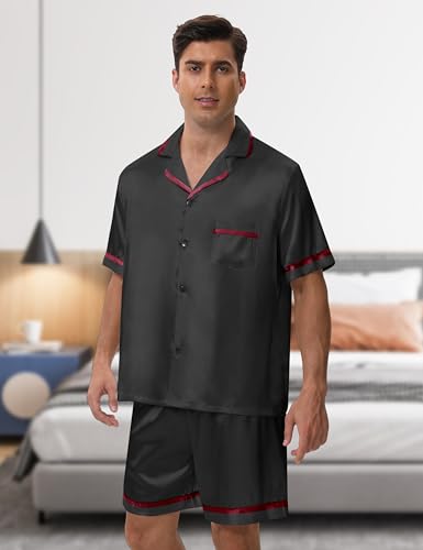 Silk Pajamas for Men Satin Pajamas Set Shorts Mens Summer Pjs Button Down Sleepwear Loungewear with Eye Mask3
