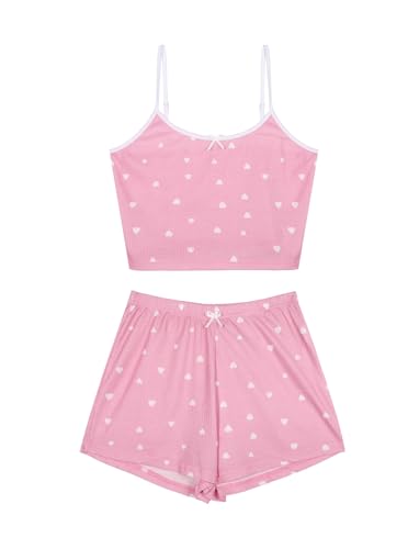 Image of Hilinker Womens Graphic 2 Piece Pajama Set Summer Cute Crop Cami and Shorts Ribbed Lounge Sets